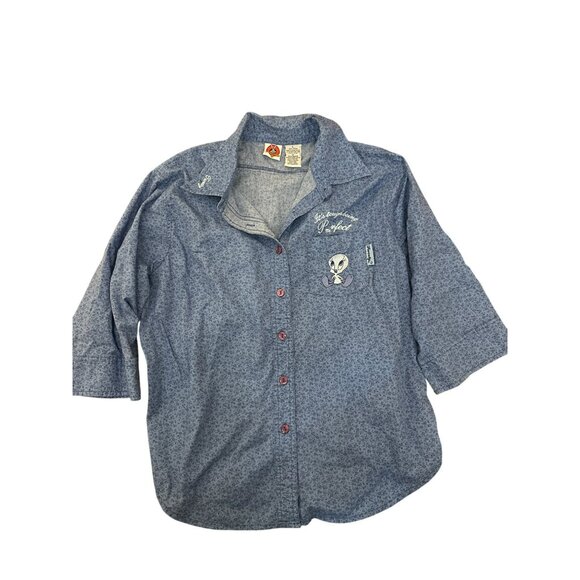 Vintage Looney Tunes Tweety Bird Womens Floral Embroidered Denim Shirt L Button - Picture 1 of 6
